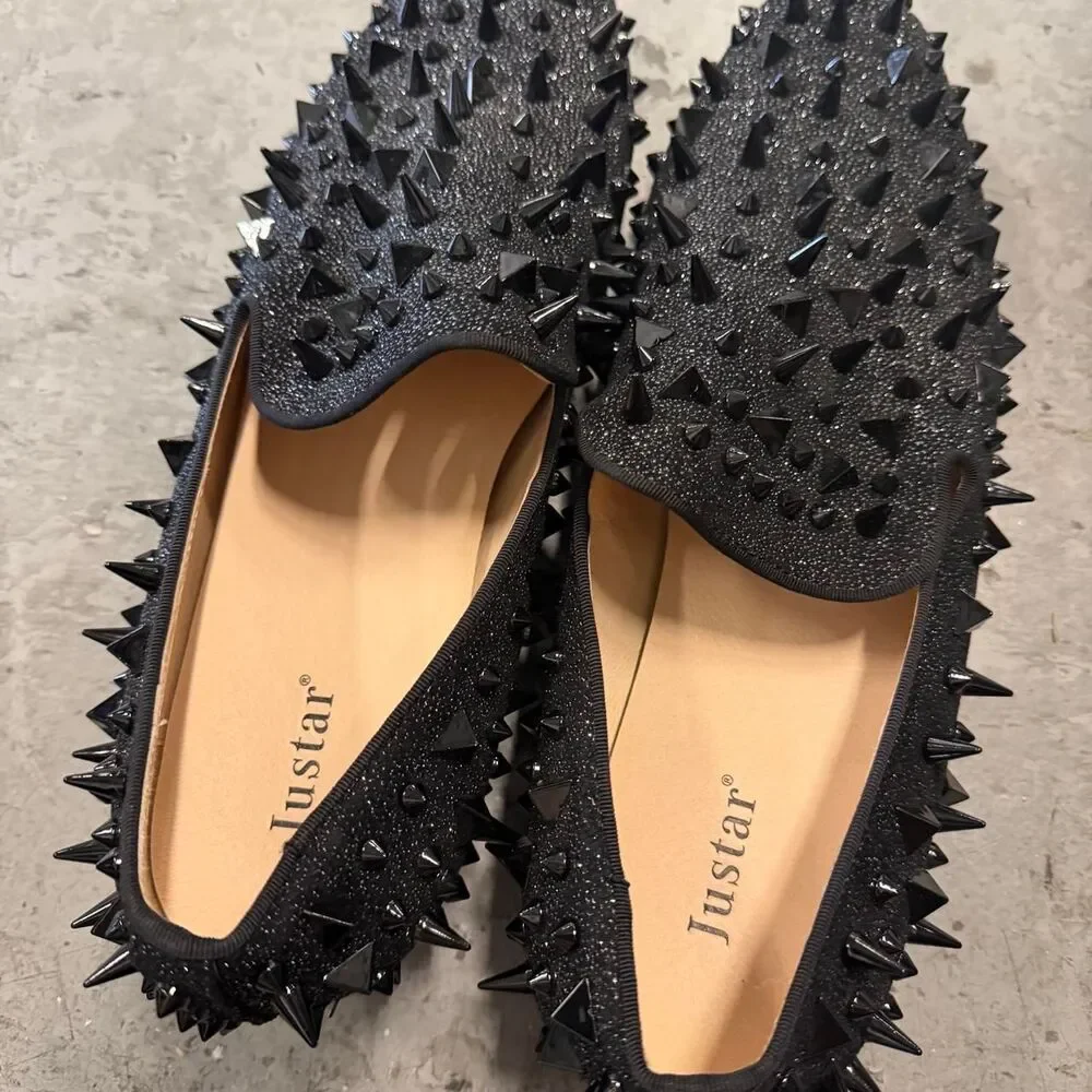 Justar Men’s Black studded loafers with spikes Red Bottoms Men’s Size 11